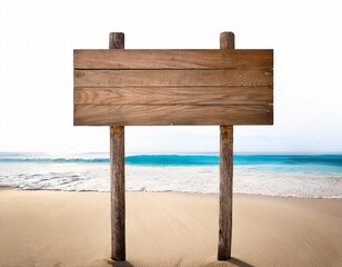 wooden signboard on tropical sandy beach white background