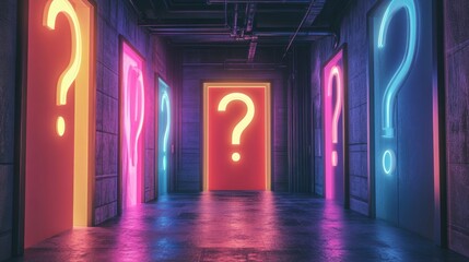 Neon question mark doors in a dark corridor.