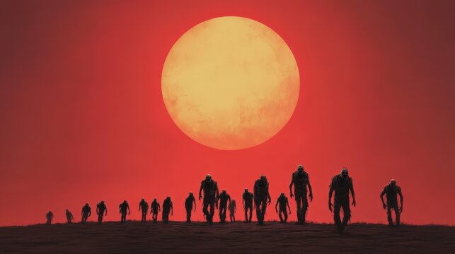 Zombies stagger through a desolate landscape under a glowing, blood-red sunset sky. Zombie Awareness Month