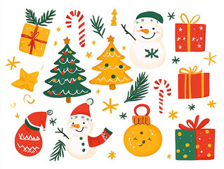 Festive Christmas Illustration Featuring Trees, Snowmen, Gifts, and Holiday Elements