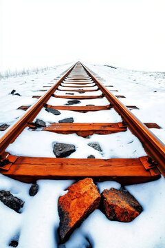 A train track in the middle of a snow covered field