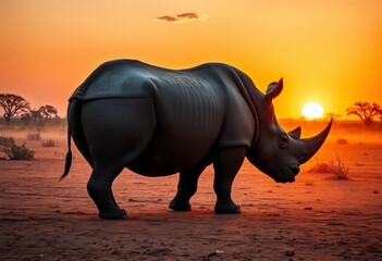 Fototapeta premium Majestic Rhino Silhouette at Sunset A Powerful Image of African Wildlife