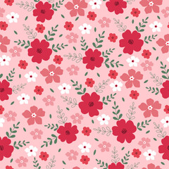 Seamless pattern with red and white flower blossom garden on pink background. Cute hand drawn floral pattern for your fabric, summer background, wallpaper, textile.