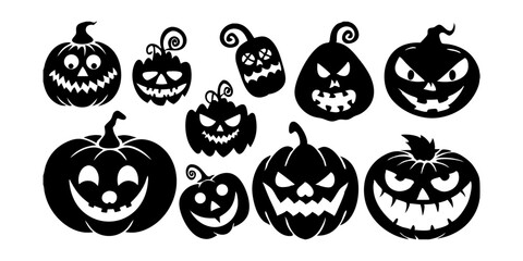 A haunting collection of black Halloween clipart featuring spooky pumpkin faces, eerie ghost expressions, and jack-o-lantern silhouettes

