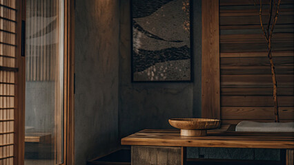 Textured white and brown wall with subtle abstract art, featuring a handcrafted wooden table with a refined wooden bowl, evoking a natural and warm contemporary home ambiance.