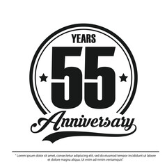 55th years anniversary celebration emblem. black and white anniversary logo stamp isolated with ribbon and laurel wreath. vector illustration template design for web, flyers, poster, greeting card	