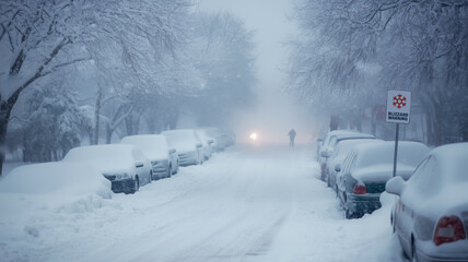 Blizzard Warning Extreme Snowstorm Covers City Streets In Thick Whiteout