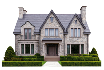 Elegant stone house with modern design in a suburban location on a transparent background, cut out