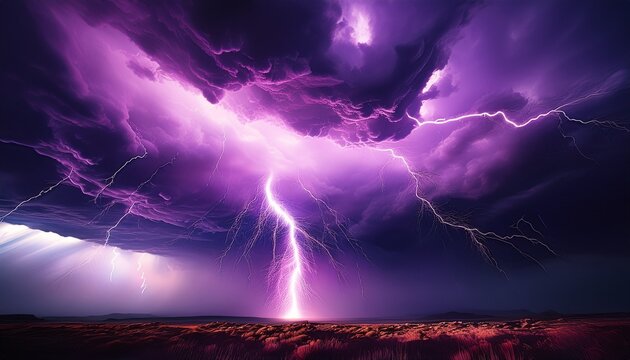 dramatic purple lightning strikes against a stormy sky at night