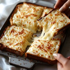 Delicious golden brown cheesy bread toasts are being pulled from a baking pan in a close up shot.