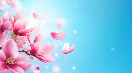Elegant magnolia blossoms in full bloom on delicate branches against a bright blue sky, symbolizing spring, beauty, and renewal.