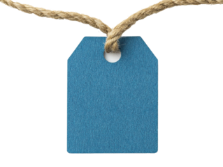 Blue tag with twine hanging on a plain background