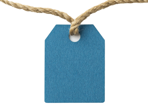 Blue tag with twine hanging on a plain background