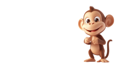3d cartoon monkey standing and smiling on transparent background
