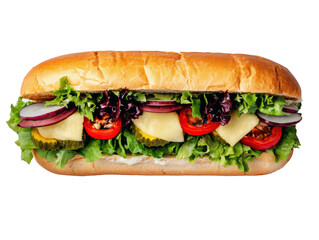 Delicious sandwich filled with fresh vegetables and toppings on a transparent background, cut out