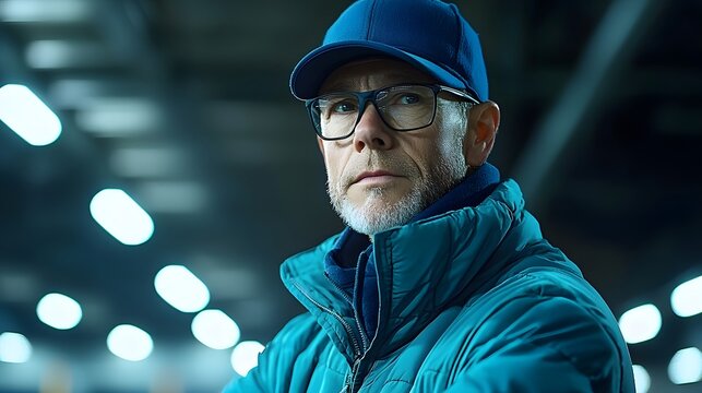 Pitching coach deep in thought while analyzing player speed data with a focused expression and wearing a baseball cap