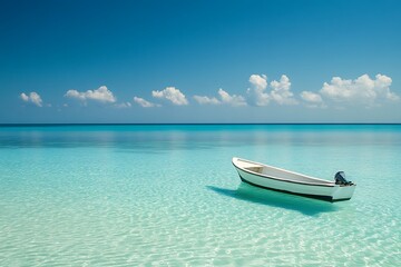 Naklejka premium Tropical Beach with Clear Blue Water, White Sand, and Sunny Sky, Idyllic Summer Vacation Destination