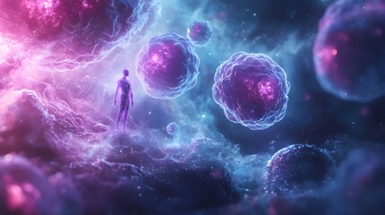Fototapeta premium A solitary figure stands amidst a vibrant nebula of cosmic cells and swirling nebulous clouds in a surreal dreamscape.