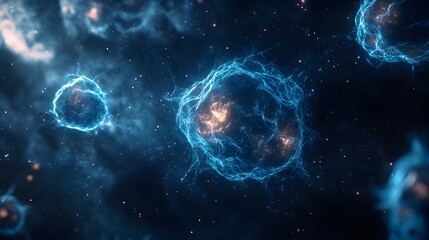 Obraz premium Microscopic view of glowing blue cells interconnected by energy network in deep space cosmic background.