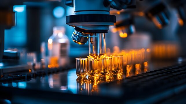 A high-powered microscope analyzes samples in a row of small test tubes du a scientific experiment in a modern laboratory setting.