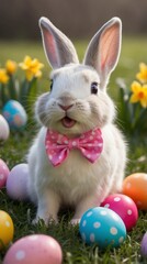 Fototapeta premium White Bunny Surrounded by Colorful Easter Eggs