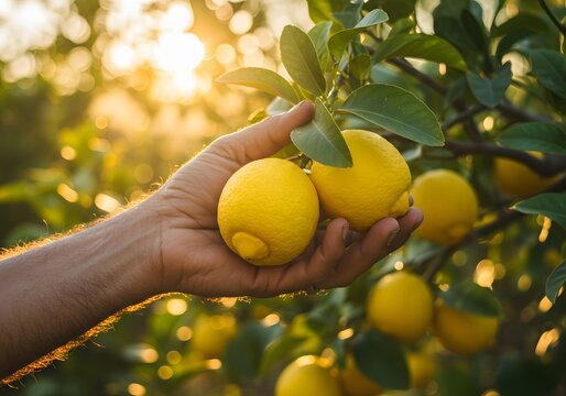 Hand picking a fresh lemon from a tree at sunset.