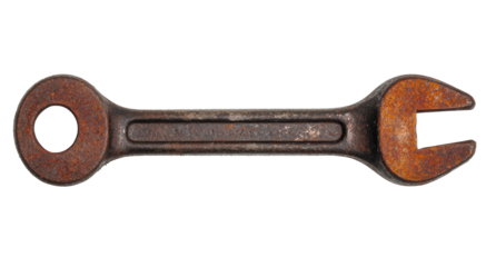 Vintage iron wrench resting on a white surface for display on a transparent background, cut out