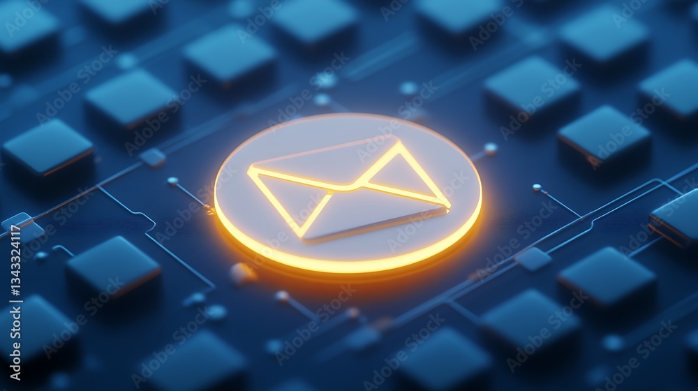 Poster bright email icon on digital circuit background with glowing effects and keyboard elements in modern