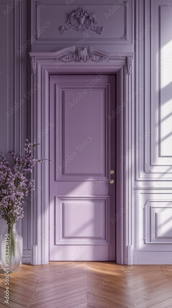 Poster sunlight filters through ornate windows, casting gentle shadows on a lavender door, paired with a va