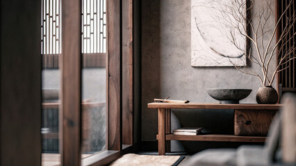 Textured white and brown wall with subtle abstract art, featuring a handcrafted wooden table with a refined wooden bowl, evoking a natural and warm contemporary home ambiance.