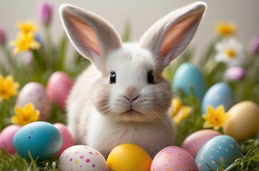 White Bunny Surrounded by Colorful Easter Eggs