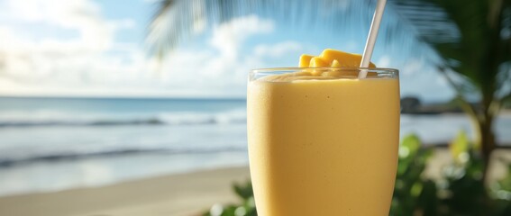 Refreshing tropical mango smoothie by a sunny beach.