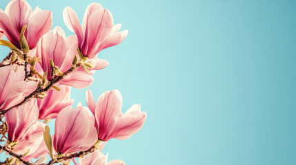 Obraz premium Blooming magnolia branches with delicate white and pink flowers against a soft blue sky in spring, perfect for seasonal designs and botanical themes.