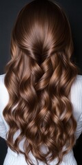 Fototapeta premium Elegant, voluminous, wavy brown hair cascading down a woman s back on a black background.