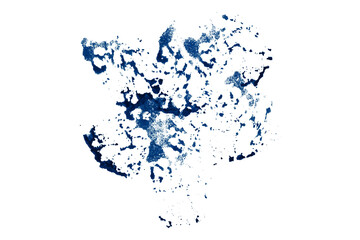 Bright blue watercolor or ink stain with watercolor marks on transparent background.