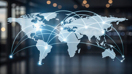 Global Connectivity with World Map and Dynamic Lines Representing Network Communication