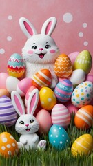 Obraz premium White Bunny Surrounded by Colorful Easter Eggs