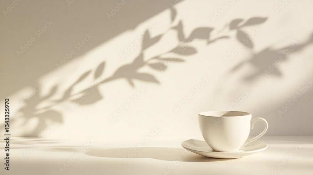 Poster a soft sunlight spills over a white cup and plate, casting intricate shadows of leaves on a smooth s