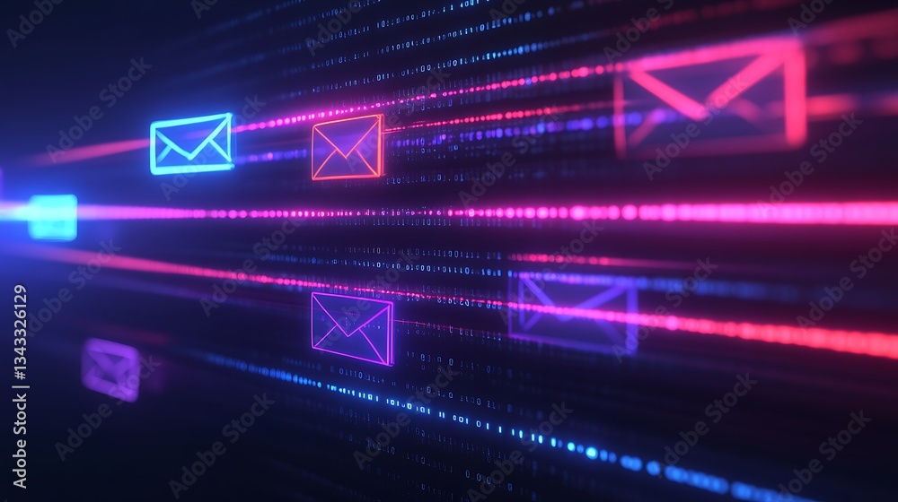 Poster colorful digital email icons with bright neon lines and binary code background in futuristic design