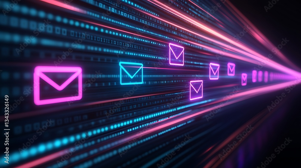 Poster Colorful Digital Email Icons Streaming Along a Bright Neon Data Background with Binary Code Patterns