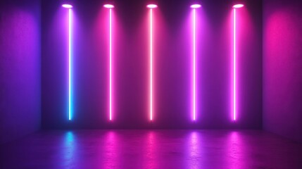 A dimly lit space with vertical neon lights in pink and blue hues.