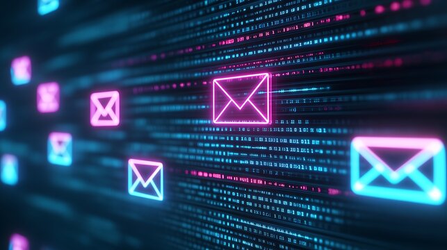 Colorful digital email icons surrounded by glowing binary code in a vibrant futuristic environment