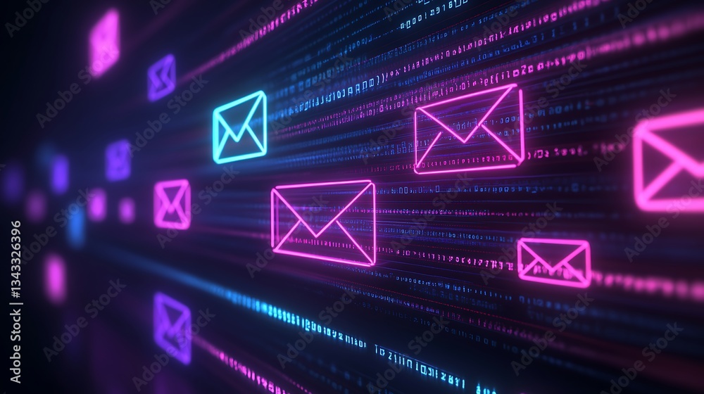 Poster colorful digital representation of email communication with neon envelopes and binary code backgroun