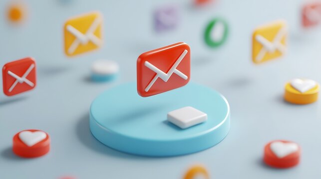 Colorful Email Icons Floating Above Round Base in Modern Digital Communication Concept