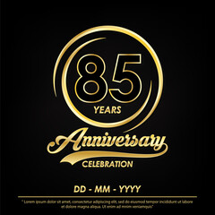85th years anniversary celebration emblem. elegance golden anniversary logo isolated with ring and ribbon on black background. .vector illustration template design for web, flyers, poster, greeting
