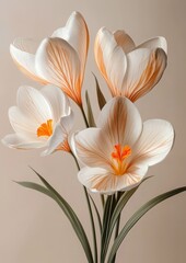 Obraz premium Elegant creamy white crocuses with subtle orange veins, a delicate bloom.