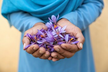 middle east woman hold saffron crocus flower in palm