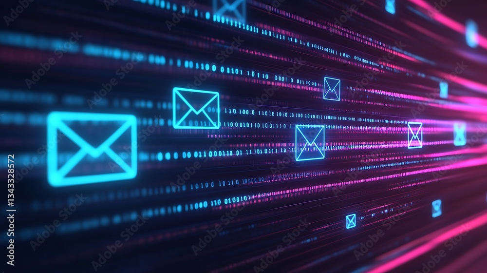 Poster digital communication concept with email icons and binary data flowing across a neon background