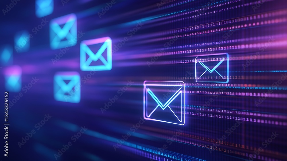 Poster Digital Communication Concept with Neon Email Symbols and Binary Code Background in Technology Environment