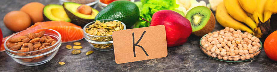 Different foods containing potassium. Selective focus.